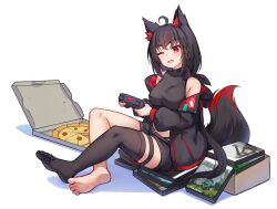 Rule 34 | 1girl, ahoge, animal ear fluff, animal ears, barefoot, black hair, black jacket, black shirt, black shorts, black thighhighs, blush, braid, breasts, commentary request, controller, crop top, feet, food, fox ears, fox girl, fox tail, game controller, hair between eyes, highres, holding, holding controller, holding game controller, hololive, jacket, kurokami fubuki, long hair, looking at viewer, luxuriou s, medium breasts, multicolored hair, one eye closed, open clothes, open jacket, open mouth, pizza, red eyes, red hair, shirt, short shorts, shorts, sidelocks, simple background, single barefoot, single braid, single thighhigh, sitting, smile, soles, solo, streaked hair, tail, thigh strap, thighhighs, virtual youtuber, white background