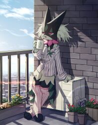 Rule 34 | air conditioner, coffee, coffee mug, creatures (company), cup, game freak, green fur, highres, kaminokefusa, leg warmers, meowscarada, messy hair, morning, mug, nintendo, on roof, outdoors, pink leg warmers, plant, pokemon, pokemon (creature), potted plant, red eyes, rooftop, shirt, standing, standing on roof, striped clothes, white shirt