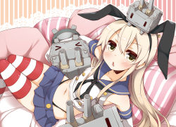 Rule 34 | &gt; &lt;, 10s, 1girl, :3, blonde hair, blush, brown eyes, closed eyes, collarbone, elbow gloves, gloves, hairband, kantai collection, long hair, looking at viewer, lying, microskirt, midriff, navel, pillow, pleated skirt, rensouhou-chan, shimakaze (kancolle), skirt, striped clothes, striped thighhighs, thighhighs, triangle mouth, white gloves, x3, yellow eyes, yume no owari, | |