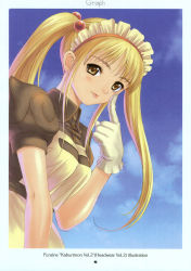 Rule 34 | akanbe, blonde hair, blush, brown eyes, cloud, day, eyelid pull, gloves, hair bobbles, hair ornament, highres, kafra uniform, long hair, maid, non-web source, ragnarok online, scan, solo, tongue, tongue out, tony taka, twintails