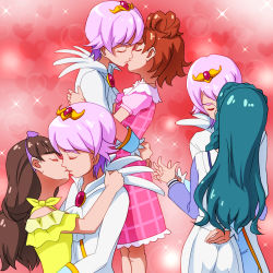 Rule 34 | 1boy, 3girls, amanogawa kirara, aqua hair, ascot, ass, bad id, bad pixiv id, bare shoulders, bishounen, blunt bangs, bow, braid, breasts, brooch, brown hair, closed eyes, dress, french braid, frills, go! princess precure, hair bow, hairband, harem, haruno haruka, heart, heart background, highres, holding hands, hug, interlocked fingers, jewelry, kaidou minami, kiss, lens flare, long hair, long sleeves, low twintails, mont blanc (heartcatch ayaya), multicolored hair, multiple girls, open mouth, pink dress, pink hair, plaid, plaid dress, precure, prince kanata, purple hair, red background, red hair, school uniform, serafuku, short hair, side braid, skirt, sleeve cuffs, small breasts, sparkle, tiara, topknot, twintails, two-tone hair