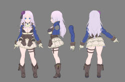 Rule 34 | 1girl, absurdres, blue eyes, boots, breasts, brown footwear, closed mouth, commentary request, concept art, contemporary, contrapposto, enkyo yuuichirou, flower, from behind, gloves, grey background, grey hair, hair flower, hair ornament, high heel boots, high heels, highres, holster, layered skirt, long hair, long sleeves, looking at viewer, medium breasts, multiple views, original, parted bangs, purple flower, purple rose, revision, rose, silva (enkyo yuuichirou), simple background, skirt, standing, thigh strap, white gloves