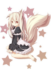 Rule 34 | 1girl, animal ears, barefoot, dress, expressionless, fox ears, fox tail, frilled dress, frilled sleeves, frills, ging1993, highres, long hair, original, sitting, solo, tail, wariza, white hair