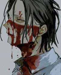 Rule 34 | 1boy, a-p-orange0703, aged down, androgynous, black hair, blood, blood drip, blood from mouth, blood on clothes, blood on face, close-up, collared shirt, crocodile (one piece), expressionless, from side, green eyes, grey background, hair slicked back, highres, jitome, looking ahead, loose hair strand, male focus, messy hair, nose, nosebleed, nostrils, one piece, parted lips, profile, sanpaku, shirt, short hair, simple background, solo, twitter username, watermark, white background, white shirt