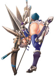 Rule 34 | 1girl, armor, ass, azure (armor), bent over, boots, bow (weapon), capcom, foreshortening, from behind, gloves, greaves, green eyes, grey hair, highres, huge weapon, monster hunter, monster hunter (series), monster hunter frontier, panties, pantyshot, skirt, thighhighs, underwear, upskirt, v-mag, weapon, white panties