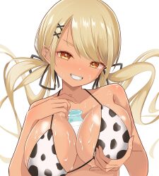 Rule 34 | 1girl, animal print, barbell piercing, between breasts, bikini, black ribbon, blonde hair, bottle, breasts, cleavage, commentary request, cow print, cow print bikini, dark-skinned female, dark skin, ear piercing, fang, floating hair, grabbing own breast, grin, gyaru, hair ornament, hair ribbon, hhh8 8, highres, kaminari qpi, large breasts, lightning bolt piercing, long hair, looking at viewer, low twintails, milk, milk bottle, orange eyes, partial commentary, piercing, print bikini, ribbon, sexually suggestive, simple background, smile, solo, string bikini, suggestive fluid, swept bangs, swimsuit, twintails, upper body, variant set, virtual youtuber, vspo!, white background, x hair ornament