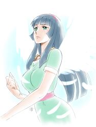 Rule 34 | 1girl, absurdres, angel wings, aobito sukoyaka bystander, black hair, blunt bangs, breasts, clenched hand, commentary, erika (daimos), feathers, green eyes, hairband, highres, hime cut, long hair, medium breasts, pink hairband, short sleeves, sidelocks, solo, straight hair, toushou daimos, upper body, white feathers, white wings, wings