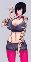 Rule 34 | 1girl, absurdres, arm tattoo, black hair, breasts, cleavage, cropped legs, curvy, denim, denim shirt, denim shorts, grey background, hand mouth, hand on own leg, hand tattoo, highres, huge breasts, hz (666v), looking to the side, midriff, navel, ok sign, original, pantyhose, pink eyes, pink neckwear, pink pantyhose, short hair, shorts, sleeveless, tattoo, thighhighs, thighs, zipper