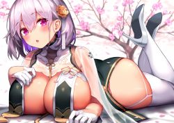 Rule 34 | 1girl, :o, azur lane, blush, braid, breast curtains, breasts, cherry blossoms, china dress, chinese clothes, crossed ankles, denchu (kazudentyu), dress, garter straps, gloves, hair between eyes, hair ornament, high heels, highres, large breasts, light purple hair, looking at viewer, lying, on stomach, pelvic curtain, purple eyes, revealing clothes, short hair, sirius (azur lane), sirius (azure horizons) (azur lane), solo, thighhighs, thighs, white gloves, white thighhighs