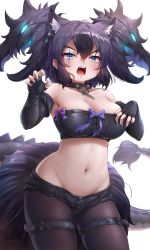 Rule 34 | 1girl, animal ear fluff, animal ears, aqua eyes, bare shoulders, big hair, black hair, black pantyhose, black shorts, black tube top, bone necklace, bow, breasts, cerberus (kemono friends), claw pose, cleavage, collar, collarbone, commentary request, cutoffs, dog ears, elbow gloves, extra ears, fangs, fingerless gloves, fingernails, gloves, glowing, glowing hair, groin, hair between eyes, hands up, highres, kemono friends, large breasts, pantyhose under shorts, looking at viewer, lowleg, lowleg shorts, midriff, multicolored hair, navel, open mouth, pantyhose, purple hair, revision, scar, scar across eye, scar on face, short shorts, shorts, shortstack, sidelocks, simple background, skindentation, solo, spiked collar, spikes, stomach, strapless, tail, tayuura (kuwo), thigh strap, tube top, two-tone hair, two side up, v-shaped eyebrows, white background