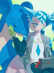 Rule 34 | 1girl, artist name, bag, black pants, blue hair, closed eyes, closed mouth, colored eyelashes, commentary request, creatures (company), crystal hair, diamond cutout, earrings, game freak, gen 1 pokemon, gloves, green eyes, green gloves, hand up, hatsune miku, highres, ice miku (project voltage), jacket, jewelry, lapras, long hair, long sleeves, looking at another, nagomi ( nagomi ), nintendo, open clothes, open jacket, pants, petting, pokemon, pokemon (creature), project voltage, shirt, spiked hair, very long hair, vocaloid, white shirt
