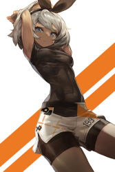 Rule 34 | 1girl, abs, armpits, arms up, bea (pokemon), black gloves, black ribbon, bodysuit, bodysuit under clothes, breasts, covered navel, creatures (company), dark-skinned female, dark skin, game freak, gloves, goomrrat, grey eyes, grey hair, gym leader, hair between eyes, hairband, highres, looking at viewer, nintendo, pokemon, pokemon swsh, ribbon, shirt, short hair, short sleeves, shorts, sidelocks, simple background, single glove, skin tight, solo, sweat, thick eyebrows, undressing, white shirt, wristband