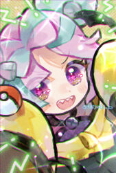 Rule 34 | 1girl, bow-shaped hair, brown eyes, chromatic aberration, creatures (company), doradorakingyo, eyelashes, game freak, iono (pokemon), jacket, looking at viewer, multicolored hair, nintendo, poke ball, poke ball (basic), pokemon, pokemon sv, screw, sharp teeth, sleeves past fingers, sleeves past wrists, solo, teeth, twitter username, upper teeth only, x, yellow jacket