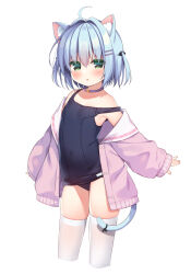 Rule 34 | 1girl, ahoge, animal ear fluff, animal ears, bare shoulders, blue hair, blue one-piece swimsuit, blush, breasts, cat ears, cat girl, cat tail, choker, collarbone, commentary request, covered navel, cropped legs, green eyes, hair between eyes, hair intakes, hair ornament, hairclip, hanamiya natsuka, jacket, long sleeves, looking at viewer, off shoulder, old school swimsuit, one-piece swimsuit, open clothes, open jacket, original, parted lips, pink jacket, puffy long sleeves, puffy sleeves, purple choker, school swimsuit, simple background, sleeves past wrists, small breasts, solo, strap slip, swimsuit, tail, thighhighs, two side up, white background, white thighhighs
