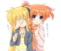 Rule 34 | 2girls, blonde hair, blue eyes, blush, collarbone, confused, couple, fate testarossa, finger to mouth, grin, hair ornament, hair ribbon, hand on another&#039;s face, happy, jacket, jewelry, kerorokjy, long hair, lyrical nanoha, mahou shoujo lyrical nanoha, mahou shoujo lyrical nanoha a&#039;s, multiple girls, neck, necklace, open mouth, orange hair, ribbon, short hair, short twintails, shushing, simple background, smile, takamachi nanoha, teeth, translated, twintails, white background, yuri