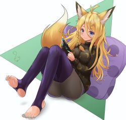 Rule 34 | 1girl, ahoge, animal ears, antenna hair, ass, blonde hair, blue eyes, blue nails, braid, breasts, closed mouth, commentary request, crescent moon, cushion, eyelashes, fang, feet, fox ears, fox girl, fox tail, full body, hair between eyes, hair ornament, hairclip, highres, knees together feet apart, large breasts, leaning back, long hair, long sleeves, looking at viewer, mole, mole under eye, moon, nail polish, nintendo switch, no shoes, original, purple legwear, sidelocks, signature, simple background, sitting, skin fang, smile, soles, solo, sweater, t3x, tail, thighs, toenail polish, toenails, toes, turtleneck, turtleneck sweater, two-tone background