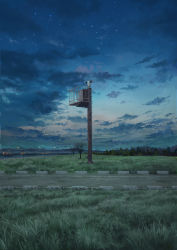 Rule 34 | blue sky, cloud, cloudy sky, field, forest, grass, guard tower, highres, horizon, lamppost, nature, night, night sky, no humans, original, outdoors, pippi (pixiv 1922055), road, scenery, sky, star (sky), starry sky, tree