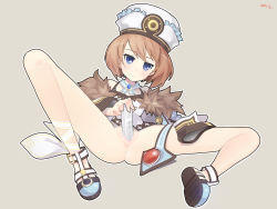 Rule 34 | 1girl, ass, bare legs, bare shoulders, blanc (neptunia), blue eyes, bottomless, brown hair, coat, controller, dress, expressionless, female masturbation, full body, fur trim, game controller, goophilia, hair between eyes, hat, knee up, long sleeves, looking at viewer, lying, masturbation, neptune (series), no panties, object insertion, on back, pussy, short hair, simple background, solo, spaghetti strap, spread legs, uncensored, vaginal, vaginal object insertion, white dress, wii remote