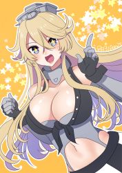 Rule 34 | 1girl, 8931ponzu, :d, blonde hair, blue eyes, breasts, collarbone, elbow gloves, front-tie top, gloves, hair between eyes, headgear, index finger raised, iowa (kancolle), kantai collection, large breasts, lips, long hair, navel, open mouth, smile, solo, star-shaped pupils, star (symbol), symbol-shaped pupils
