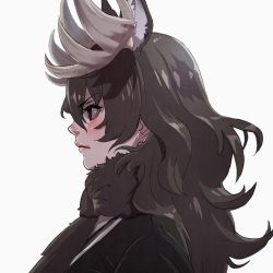 Rule 34 | 1girl, animal ears, antlers, brown hair, closed mouth, extra ears, from side, horns, kemono friends, long hair, moose (kemono friends), moose ears, profile, scarf, serious, simple background, solo, sweater, takami masahiro, upper body, v-shaped eyebrows, white background