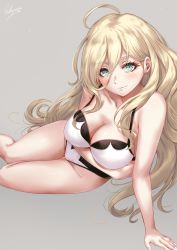 Rule 34 | 1girl, aqua eyes, arm support, arm under breasts, bare shoulders, black bra, black panties, blonde hair, blush, bra, breasts, cleavage, collarbone, groin, hair between eyes, highres, kantai collection, large breasts, long hair, looking at viewer, mole, mole under eye, mole under mouth, multicolored bra, multicolored clothes, multicolored panties, panties, richelieu (kancolle), sakiyamama, signature, simple background, smile, solo, thighs, underwear, white bra, white panties