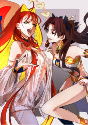 Rule 34 | 2girls, aphrodite (fate), blonde hair, brown hair, colored inner hair, fate/grand order, fate (series), highres, ishtar (fate), karasaki, lipstick, makeup, multicolored hair, multiple girls, nail polish, open mouth, orange hair, orange nails, power connection, red eyes, revealing clothes, two-tone hair, yellow eyes