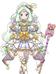 Rule 34 | 1girl, bow, braid, closed mouth, commentary request, crescent, dress, earrings, forehead jewel, frilled dress, frills, gem, green hair, hand on own hip, hat, headphones, heart, highres, holding, holding scepter, ikzw, jewelry, jewlie (pripara), long hair, looking at viewer, mini hat, pretty series, pripara, puffy short sleeves, puffy sleeves, scepter, short sleeves, simple background, smile, solo, standing, star (symbol), thighhighs, very long hair, white background, white dress, white thighhighs, wings, yellow bow