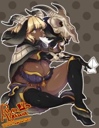 Rule 34 | 1girl, agawa ryou, animal skull, artist name, asymmetrical gloves, bad id, bad pixiv id, black thighhighs, blonde hair, boots, bracelet, breasts, cleavage, dark-skinned female, dark skin, elbow gloves, female focus, fur trim, gloves, goat eyes, goat horns, holding, holding letter, horns, huge breasts, jewelry, letter, looking at viewer, mouth hold, outline, polka dot, polka dot background, short hair, sitting, skull, solo, thighhighs, thighs, uneven gloves, watermark, web address, white outline, yellow eyes