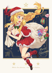 Rule 34 | 1girl, belt, belt buckle, black footwear, blonde hair, blunt bangs, blush, bow, bowtie, box, braid, breasts, buckle, capelet, carrying over shoulder, christmas, cleavage, copyright name, dress, dropping, english text, floating hair, full body, gift, gift box, green bow, green bowtie, guchico, gundam, gundam tekketsu no orphans, hat, kudelia aina bernstein, leg warmers, long hair, looking back, medium breasts, merry christmas, open mouth, outside border, pom pom (clothes), purple eyes, red dress, red ribbon, ribbon, sack, santa costume, santa hat, shoes, short dress, sidelocks, single braid, solo, sparkle, star (symbol), striped, surprised, sweatdrop, tongue, torn sack, very long hair