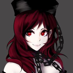 Rule 34 | 1girl, absurdres, bare shoulders, chain, collar, commentary request, grey background, hecatia lapislazuli, highres, inoshin (inixia1748), looking at viewer, medium hair, off-shoulder shirt, off shoulder, red eyes, red hair, shirt, simple background, smile, solo, touhou, upper body