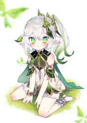 Rule 34 | 1girl, absurdres, bare shoulders, bloomers, blush, bracelet, cape, child, chiyomaru (yumichiyo0606), cross-shaped pupils, detached sleeves, dress, full body, genshin impact, gold trim, gradient hair, green cape, green eyes, green hair, green sleeves, hair between eyes, hair ornament, highres, jewelry, leaf hair ornament, long hair, looking at viewer, multicolored hair, nahida (genshin impact), on grass, pointy ears, side ponytail, sitting, sleeveless, sleeveless dress, solo, stirrup footwear, symbol-shaped pupils, toeless footwear, underwear, wariza, white background, white bloomers, white dress, white footwear, white hair