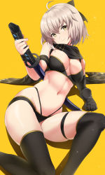 Rule 34 | 1girl, absurdres, ahoge, bare shoulders, bikini, black bikini, black gloves, black legwear, black scarf, blonde hair, bow, breasts, cleavage, fate/grand order, fate (series), gloves, hair bow, highres, hotate-chan, katana, looking at viewer, medium breasts, multi-strapped bikini, navel, okita j. souji (fate), okita j. souji (first ascension) (fate), okita souji (fate), okita souji (koha-ace), open mouth, scarf, short hair, smile, solo, swimsuit, sword, thigh strap, thighs, toeless legwear, weapon, yellow background
