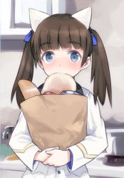 Rule 34 | 10s, 1girl, animal ears, bag, blue eyes, blush, brave witches, bread, brown hair, food, georgette lemare, hair ribbon, long hair, lowres, military, military uniform, paper bag, pot, ribbon, shimada fumikane, solo, stove, strike witches, twintails, uniform, world witches series
