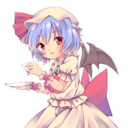 Rule 34 | 1girl, arms up, ascot, bat wings, blouse, blue hair, brooch, cowboy shot, cup, cycloneyukari, from side, hair between eyes, hat, hat ribbon, head tilt, holding, holding cup, holding saucer, jewelry, looking at viewer, mob cap, parted lips, puffy short sleeves, puffy sleeves, red ascot, remilia scarlet, ribbon, saucer, shirt, short hair, short sleeves, simple background, skirt, solo, standing, teacup, touhou, white background, white hat, white shirt, white skirt, wings, wrist cuffs