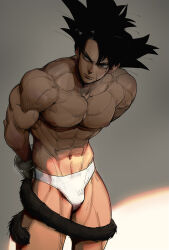 Rule 34 | 1boy, abs, arms behind back, bara, bardock, bound, bound wrists, briefs, bulge, dragon ball, dragonball z, facial scar, feet out of frame, frown, highres, tail wrap, large pectorals, leaning forward, light, looking to the side, male focus, male underwear, mature male, monkey tail, muscular, muscular male, navel, nipples, pectorals, scar, scar on cheek, scar on face, shadow, short hair, solo, spiked hair, stomach, supobi, tail, tail wrap, thick eyebrows, thick thighs, thighs, topless male, underwear, white male underwear