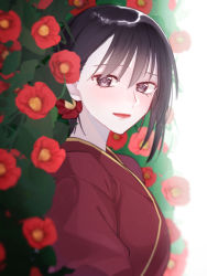 Rule 34 | 1girl, baby (demotsu), black hair, day, flower, from side, fruits basket, highres, light smile, lipstick, looking at viewer, looking to the side, makeup, nature, red flower, red lips, short hair, smile, solo, souma akito, spoilers, upper body