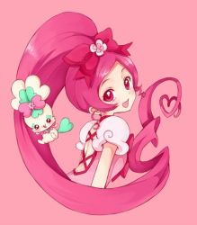 Rule 34 | 10s, 1girl, bow, choker, chypre (heartcatch precure!), creature, cure blossom, hair bow, hanasaki tsubomi, heartcatch precure!, long hair, looking back, magical girl, pink background, pink eyes, pink hair, pink theme, ponytail, precure, puffy sleeves, sikuhima, smile