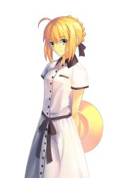 Rule 34 | 1girl, ahoge, arms behind back, artoria pendragon (all), artoria pendragon (fate), berrykanry, black ribbon, blonde hair, braid, braided bun, dress, fate/stay night, fate (series), green eyes, hair between eyes, hair bun, hair ribbon, hat, highres, holding, holding clothes, holding hat, looking at viewer, official alternate costume, ribbon, saber (fate), saber alter, short sleeves, simple background, smile, solo, standing, sun hat, unworn hat, unworn headwear, white background, white dress, yellow hat