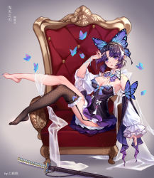Rule 34 | 1girl, artist name, bare legs, bare shoulders, barefoot, black dress, black hair, black thighhighs, blue nails, blue ribbon, breasts, bug, butterfly, butterfly hair ornament, cleavage, detached collar, detached sleeves, dress, frilled dress, frilled sleeves, frills, full body, garter straps, gradient background, grey background, hair ornament, hand up, highres, insect, katana, kimetsu no yaiba, knees up, kochou shinobu, legs, legs up, long sleeves, looking at viewer, medium breasts, melailai, nail polish, parted bangs, parted lips, pink lips, purple eyes, ribbon, sheath, sheathed, short hair, single thighhigh, sitting, solo, strapless, strapless dress, sword, thighhighs, throne, toenail polish, toenails, translation request, weapon, white ribbon