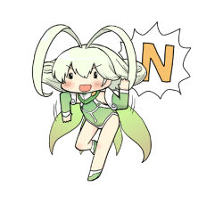 Rule 34 | &gt;:d, 1girl, :d, antenna hair, ar tonelico, ar tonelico ii, blush, chibi, detached sleeves, eyebrows, frelia (ar tonelico), full body, green footwear, green hair, hair between eyes, leaning forward, leg up, leotard, motion lines, open mouth, serizawa enono, shoes, simple background, smile, solo, standing, standing on one leg, v-shaped eyebrows, white background, | |, || ||