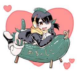 Rule 34 | 10s, 1girl, ass, between buttocks, black footwear, black hair, black jacket, blush, brown eyes, cucumber, drawstring, emperor penguin (kemono friends), food, hair over one eye, hare (tetterutei), headphones, heart, highres, holding, holding food, hood, hoodie, jacket, kemono friends, leotard, open clothes, open hoodie, open mouth, smile, solo, thighhighs, translation request, vegetable, white leotard