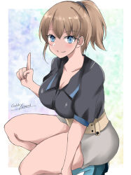 Rule 34 | 1girl, black shirt, blue eyes, blue socks, border, breasts, brown hair, dated, gakky, gradient background, grey neckerchief, intrepid (kancolle), kantai collection, large breasts, looking at viewer, miniskirt, neckerchief, ponytail, shirt, short hair, signature, skirt, socks, solo, squatting, white border, white neckerchief, white skirt