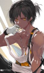 Rule 34 | 1boy, absurdres, arknights, black hair, closed mouth, dark-skinned male, dark skin, dm (dai miao), earclip, gloves, highres, male focus, nipples, off shoulder, pixiv id, ponytail, short ponytail, simple background, tank top, thorns (arknights), toned, toned male, upper body, weibo watermark, white gloves, white tank top, yellow eyes