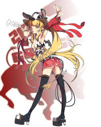 Rule 34 | 1girl, animal print, armpits, ass, black thighhighs, blonde hair, cow print, cowboy hat, cowboy western, detached sleeves, full body, hat, highres, legs, long hair, one eye closed, panties, pointy ears, see-through, skirt, solo, standing, striped clothes, striped panties, tail, thighhighs, underwear, very long hair, vofan, whip, wink