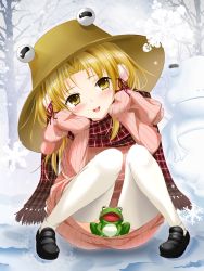 Rule 34 | 1girl, blonde hair, blush, censored, commentary request, convenient censoring, frog, fujino (yoshi9798174), hair ribbon, hands on own cheeks, hands on own face, hat, head tilt, highres, knees together feet apart, looking at viewer, moriya suwako, naked sweater, open mouth, oversized clothes, ribbed sweater, ribbon, scarf, sleeves past wrists, smile, snow, snowman, solo, squatting, sweater, thighhighs, touhou, tree, upskirt, white thighhighs, yellow eyes