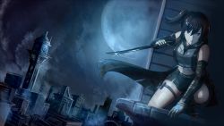 Rule 34 | 1girl, black hair, blue eyes, cityscape, cloud, cloudy sky, detached sleeves, edwin (cyberdark impacts), full moon, hair ornament, hairclip, holding, looking at viewer, moon, navel, night, night sky, original, short sword, side ponytail, sky, solo, sword, tantou, weapon, wind