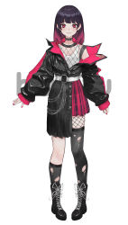 Rule 34 | 1girl, absurdres, artist request, asymmetrical legwear, belt, black coat, black footwear, black hair, black socks, blunt bangs, boots, chain belt, choker, closed mouth, coat, colored tips, combat boots, copyright name, cross-laced footwear, earrings, fishnet kneehighs, fishnet top, fishnets, full body, goth fashion, highres, houou project, jewelry, knee boots, kneehighs, lace-up boots, logo, looking at viewer, medium hair, multicolored hair, nail polish, nonogaki airi, official art, pigeon-toed, pink nails, pink skirt, plaid, plaid skirt, punkish gothic, red eyes, red hair, single kneehigh, single sock, single thighhigh, skirt, smile, socks, solo, standing, straight-on, thighhighs, thighhighs under boots, torn clothes, uneven legwear, vest, virtual youtuber, white background, white belt, white vest