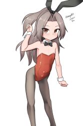 Rule 34 | 1girl, absurdres, alternate costume, animal ears, black bow, black bowtie, black pantyhose, bow, bowtie, brown eyes, detached collar, feet out of frame, flat chest, grey hair, high ponytail, highres, kantai collection, leotard, long hair, looking at viewer, maru (marg0613), one-hour drawing challenge, pantyhose, playboy bunny, rabbit ears, red leotard, simple background, solo, strapless, strapless leotard, white background, wrist cuffs, zuihou (kancolle)