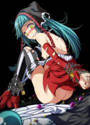 Rule 34 | 1girl, arms behind back, ass, bdsm, black background, blue hair, blush, bondage, bound, breasts, chain, clothes pull, detached sleeves, female focus, hatsune miku, high heels, highres, hood, huge ass, long hair, looking at viewer, nail polish, nipples, no bra, no panties, pantyhose, pantyhose pull, project diva (series), red footwear, red nails, restrained, sideboob, sitting, small breasts, solo, striped clothes, striped pantyhose, tears, torn clothes, torn pantyhose, torn sleeves, tsukishiro saika, twintails, vertical-striped clothes, vertical-striped pantyhose, vocaloid, wide-eyed, yellow eyes