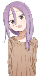 Rule 34 | 1girl, :d, absurdres, brown eyes, brown sweater, collarbone, commentary request, hair between eyes, head tilt, highres, long hair, looking at viewer, open mouth, parted bangs, purple hair, ribbed sweater, simple background, smile, solo, soredemo ayumu wa yosetekuru, sweater, upper body, white background, yamamoto souichirou, yaotome urushi